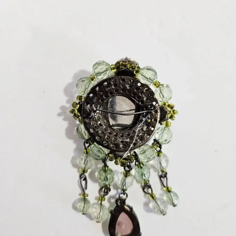 Vintage Victorian Revival Green Rhinestone Beaded Dangle Teardrop Brooch Pin
